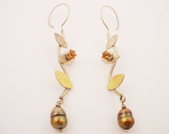 Leaves -  Earrings in Sterling and 22K Bimetal with Citrine and Large Brown Pearl