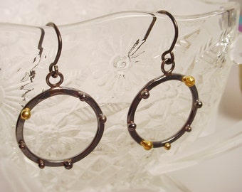 Sterling and 18k Gold Small Hoop Earrings 21mm Dangling Hoops Blackened Silver