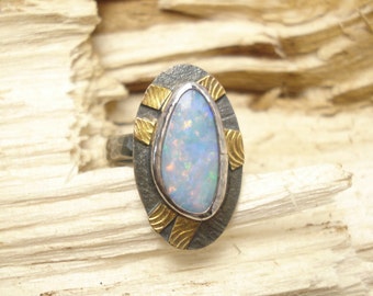 Sterling Silver and 22k gold Opal Ring Size 6.25 Rustic Textured Style