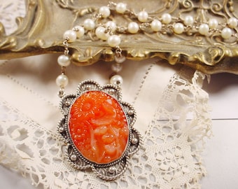 Vintage Carnelian Glass Floral Stone Necklace with Handwrapped Genuine Pearls in Sterling Victorian Boho Style OOAK