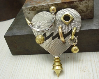 Heart Pin Nickle and Brass Textured Metal "Heart on the Mend"