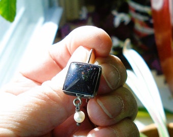 Blue Goldstone Square Earrings in Sterling Silver with Pearl