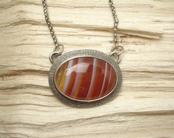 Necklace Sterling Silver and Striped Carnelian Oval Stone Modern Design Minimalist