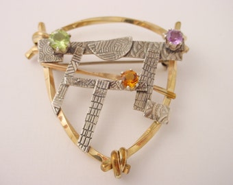 Shield Shaped Pin with Gold Filled Wire , Textured Sterling, and Peridot, Amethyst, and Citrine