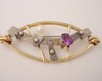 Marquise Shape Pin in Gold Filled Wire and Textured Sterling Silver with Lustrous Pearl and Deep Purple Faceted Amethyst