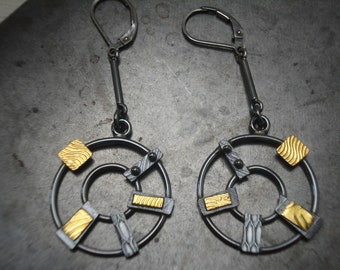 Earrings Sterling and 18K Textured Metal Modern Round Hanging "Sputnik"