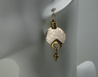 Textured Sterling Silver Round Earring with Brass Elements French Ear-wire Casual Wear Everyday Wear