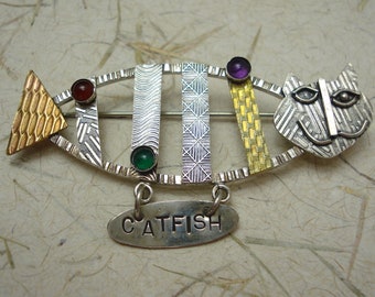 Catfish Pin Sterling Silver Copper Brass Amethyst Carnelian Green Onyx