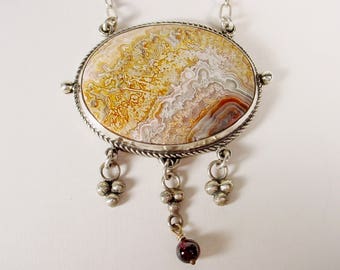 Crazy Lace Agate Pendant with Sterling Drops and Garnet Bead