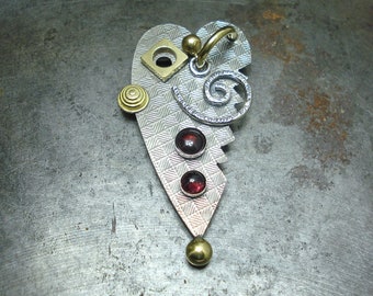 Heart Pin Long with Texture and Garnets "Mad Hatter Heart Pin" Nickle and Brass