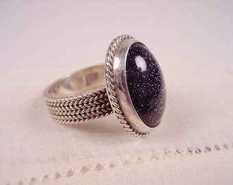 Sterling Silver Ring with Blue Goldstone Cabochon Stone Braided Herringbone Design Band Ready to Ship size 7.25