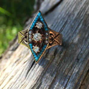 Victorian 14k Rose Gold Navette Boat Diamond Turquoise Seed Pearl Ring