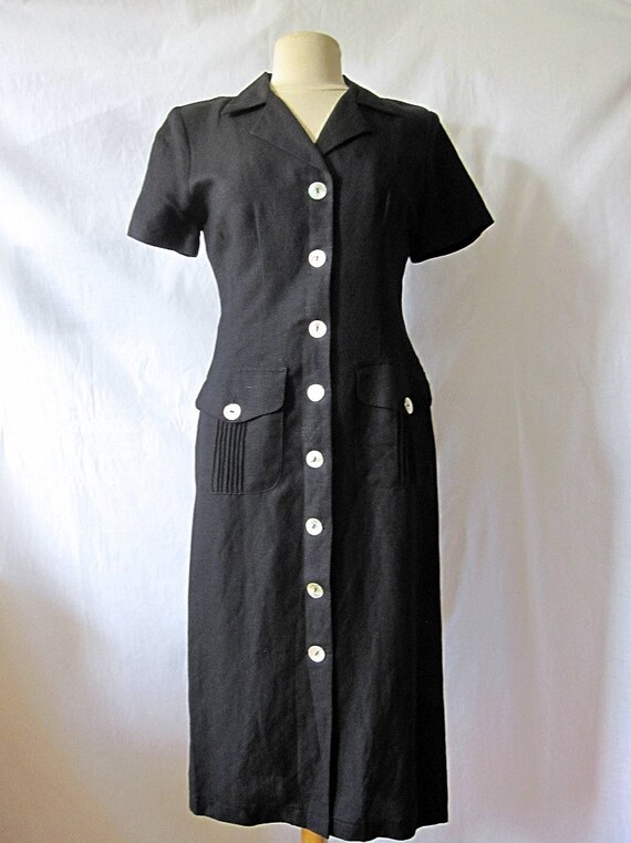 Black linen vintage dress, midi length shirt dress