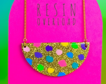 Semi Circle Resin Necklace Half Circle Statement Necklace Gold Glitter Geometric Necklace Rainbow Paint Blobs Gold Plated Chain