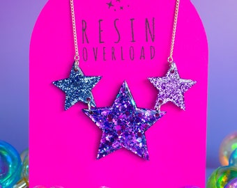 Stars Resin Necklace Star Shaped Christmas Necklace Glitter Statement Necklace Silver Plated Chain Purple Blue Lilac Mauve Colour Shift