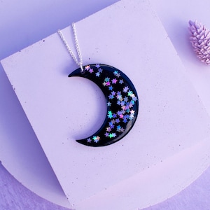 Black Crescent Moon Resin Necklace Holographic Stars Half Moon Pendant Celestial Jewellery Statement Pendant