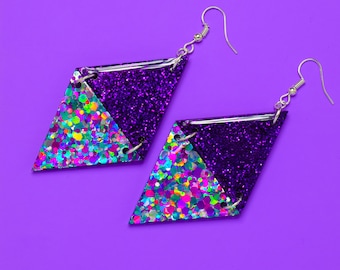 Purple Rainbow Resin Diamond Earrings Prism Triangle Diamond Shaped Earrings Glitter Party Festival Statement Earrings