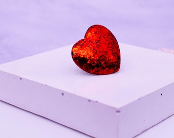 Chunky Ruby Red Glitter Heart Resin Ring, Silver Plated, Adjustable