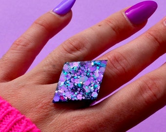 Chunky Diamant Harz Ring, Lila Türkis Glitter, Verstellbar
