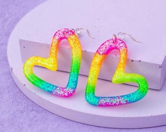 Rainbow Heart Resin Earrings Glitter Heart Shaped Valentines Day Rainbow Festival Iridescent Statement Earrings Silver Plated