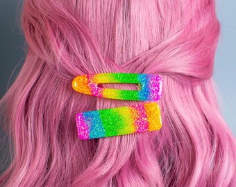 Rainbow Gradient Iridescent Glitter Resin Hair Clips Statement Hair Grips Festival Party