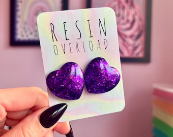 Pendientes de corazón con purpurina morada, joyería de resina gruesa