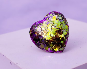 Chunky Glitter Heart Resin Ring - Silver Plated, Adjustable