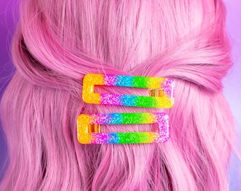 Rainbow Glitter Resin Hair Clips, Chunky Statement Hair Grips