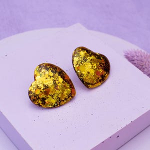Gold Love Heart Stud Earrings Resin Earrings Glittery Statement Earrings Valentines Day Golden Glitter Chunky Domed Heart Shape