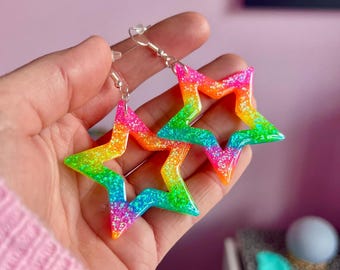 Rainbow Star Earrings Resin Star Shaped Earrings Glittery Earrings Neon Festival Party Jewellery Statement Earrings Rainbow Glitter
