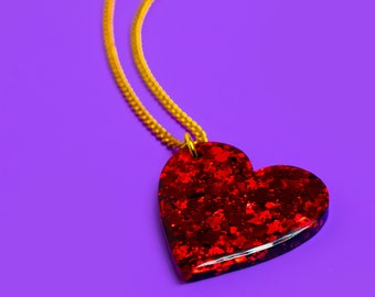 Red Heart Shaped Resin Necklace Ruby Red Glitter Love Heart Pendant Valentines Day Metallic Gold Plated Chain