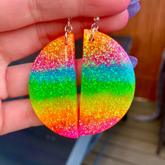 Rainbow Semi Circle Resin Earrings Dangle Glitter Half Circle