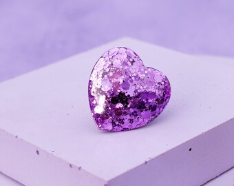 Chunky Glitter Heart Resin Ring, Adjustable Silver Plated Band