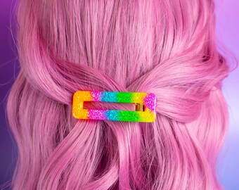 Rainbow Gradient Iridescent Glitter Resin Hair Clip Statement Hair Grips Festival Party Chunky Rectangle