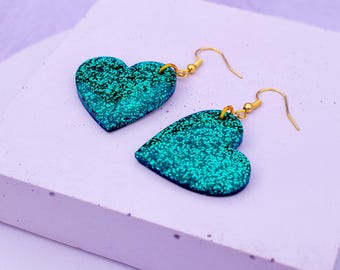 Teal Love Heart Resin Earrings Turquoise Glitter Statement Earrings Valentines Day