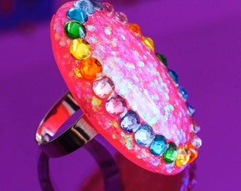 Jewellery Rings Statement Rings Fairground Lights Glitter Dome Resin Ring Rainbow Funfair  Festival Summer Neon Kawaii Gumball Charm Carnival Swarovski Crystals 