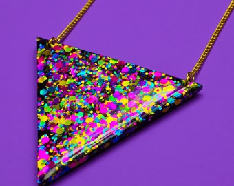 Triangle Resin Necklace Statement Necklace Triangle Pendant Festival Gold Purple Green Pink Glitter Geometric Gold Plated Chain