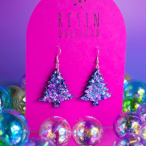 Purple Glitter Christmas Tree Earrings, Handmade Resin Earrings