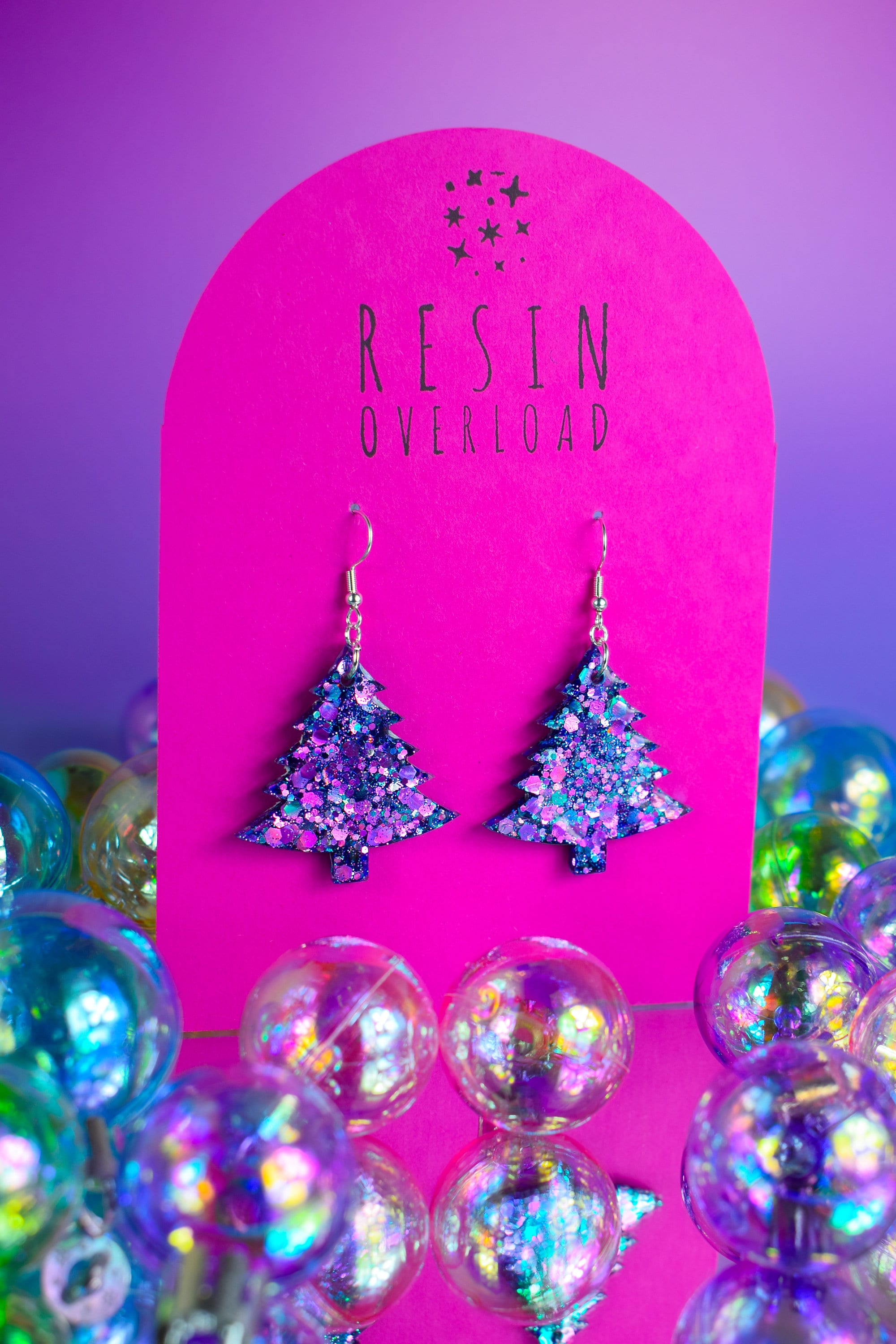 Purple Christmas Tree Earrings Resin Earrings Sparkly Earrings Festive Earrings Glittery Earrings Handmade Resin Earrings Seasonal Earrings