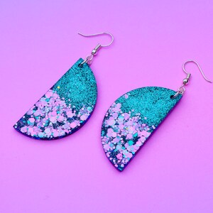Resin Earrings Mermaid Glitter Semi Circle Geometric Festival Dangle Purple Turquoise