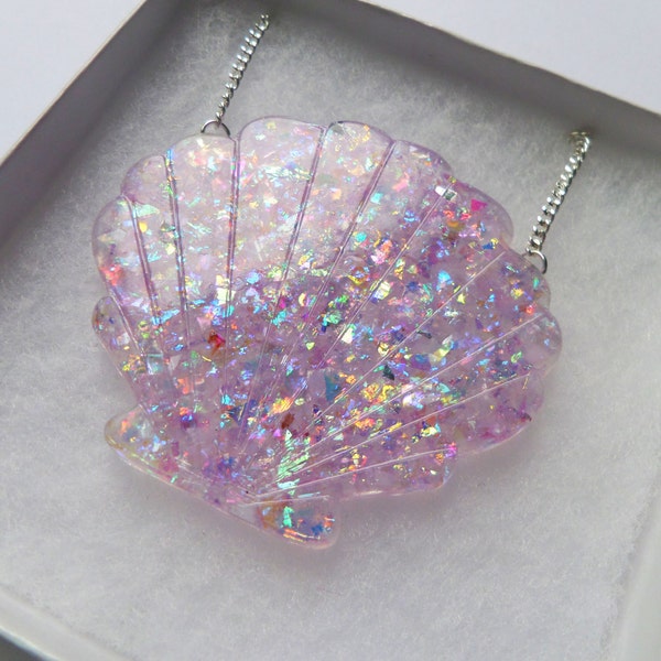 Lilac Resin Sea Shell Mermaid Glitter Opal Magical Holographic Iridescent Statement Necklace Pendant Jewellery Kawaii Kitsch Cute Pastel