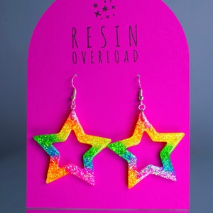 Rainbow Star Earrings Resin Star Shaped Earrings Glittery Earrings Neon Festival Party Jewellery Statement Earrings Rainbow Glitter