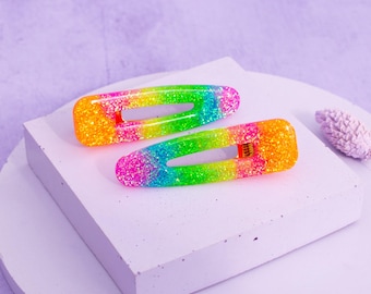 Rainbow Glitter Resin Hair Clips, Iridescent Party Hair Grips