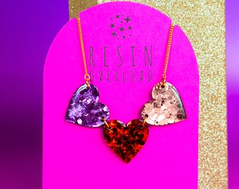 Love Heart Resin Statement Necklace Valentine’s Day Glitter Statement Necklace Gold Plated Chain Rose Gold Red Lilac