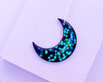 Iridescent Crescent Moon Necklace, Black Resin Celestial Pendant