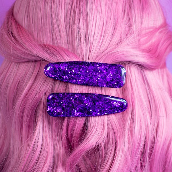 Purple Glitter Resin Hair Clips, Handmade Party Hair Grips
