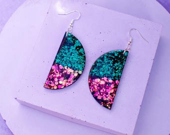 Semi Circle Resin Earrings Glitter Half Circle Statement Earrings Colour Shift
