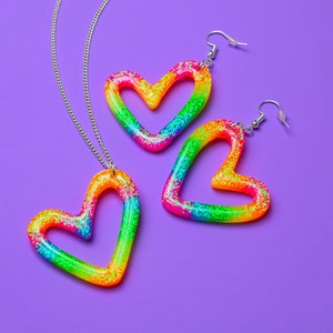 Rainbow Resin Earrings Glitter Love Heart Shaped Earrings Valentines Day Rainbow Earrings Necklace Pendant Matching Set