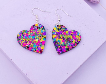 Rainbow Love Heart Resin Earrings Glitter Festival Earrings Heart Shaped Statement Earrings Cute Heart Earrings Sparkly