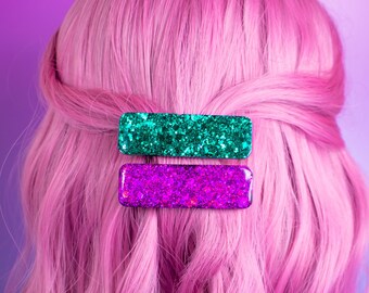 Haarspeldjes glitterhars: roze en blauwgroene statement-haarspeldjes